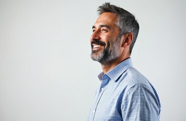 Obraz premium Mature hispanic man with beard, grey hair smiles confidently, looking away from camera. He wears blue checkered shirt, posing in studio with plain light grey background. Man feels happy, relaxed.
