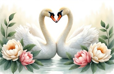Obraz premium Pair of white swans form heart shape with necks on water. Romantic pair surrounded by floral elements leaves and blossoms. Gentle watercolor illustration.