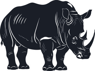 Rhinoceros silhouette, wild animal vector illustration, endangered species wildlife art, safari creature design, strong horned mammal graphic, cad drawing flat vector illustration, black outline