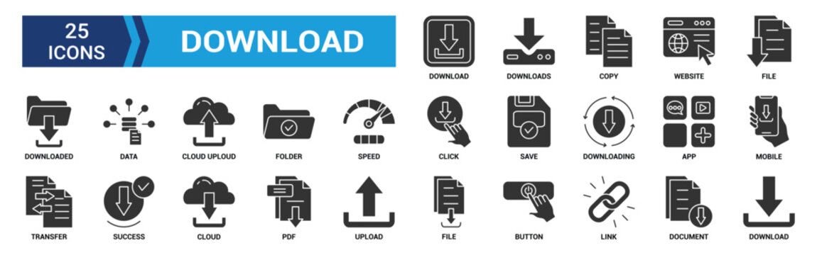 Download icon set. Containing upload, document, link, download file, folder, data and PDF icons. Glyph icon collection. Vector illustration.