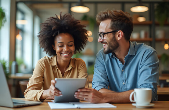 Two multiracial coworkers collaborate on tablet computer at wooden desk. Man and woman share ideas, smile, talk in modern office coworking space. Teamwork, discussion, busy work environment. - Powered by Adobe