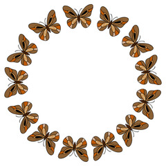 Elegant vector frame composed of stylized brown butterflies with warm orange and cream accents, creating a delicate circular border.