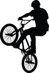 Fototapeta premium BMX rider silhouette, performing bicycle stunt jump, extreme sports action design, freestyle cycling trick vector art, cad drawing flat vector illustration, black graphic