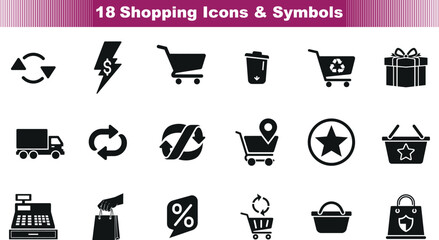 Collection of 18 shopping icons and symbols for retail and e commerce