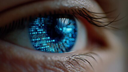 Futuristic close-up of a human eye reflecting digital data and binary code technology - Powered by Adobe