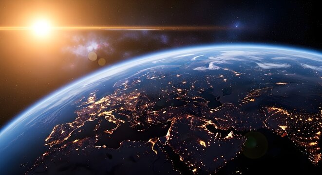 Stunning view of earth from space with city lights and sunrise