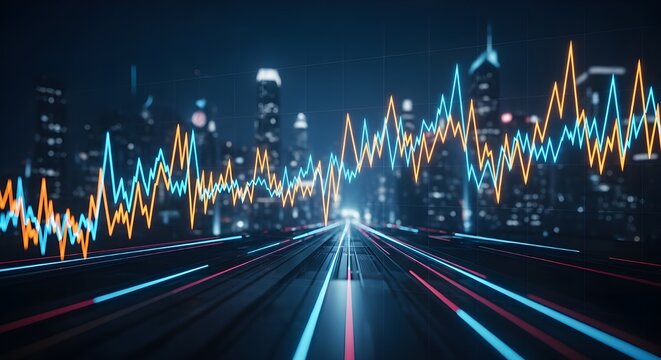 Stock market chart with city skyline in the background at night
