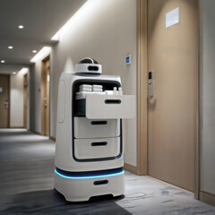 Service robot delivering fresh towels in a modern hotel corridor.