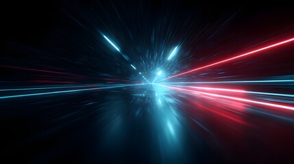 Intense speed streaks of blue and red light illuminate a dark void toward a vanishing point.