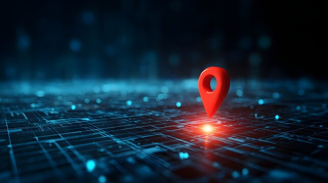 Glowing red location marker sits above an abstract digital grid surface in dark blue tones