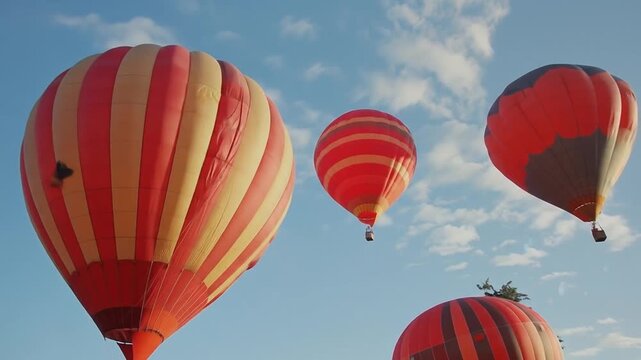 Vibrant striped hot air balloons floating high in a beautiful blue sky with scattered clouds, symbolizing adventure and freedom.