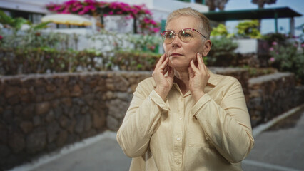 Woman with hands raised palms up on a street, looking upward beside stone wall and flowering planters; contemplation.