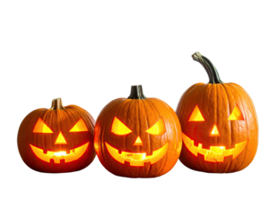 Three carved pumpkins with glowing faces and stems, set against a black background