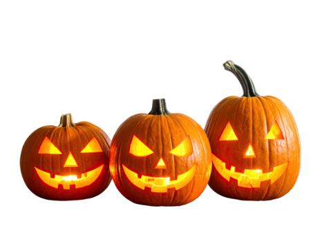 Three carved pumpkins with glowing faces and stems, set against a black background - Powered by Adobe