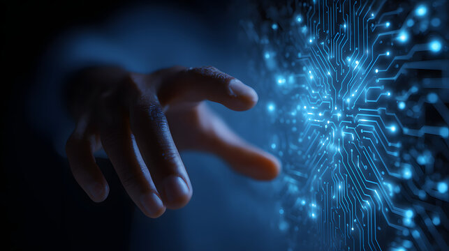 man's hand in digital, IoT, AI chatbot technology, smart devices, VPN cybersecurity, futuristic internet. Unleash the power of technology, sleek abstract background, blue circuitry pattern, gen ai