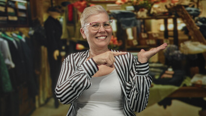 Woman shows ok sign with right hand and open left palm while smiling in a building retail clothing shop aisle; joyful confidence.