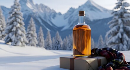 Whiskey bottle on a gift box in a snowy winter landscape with mountains