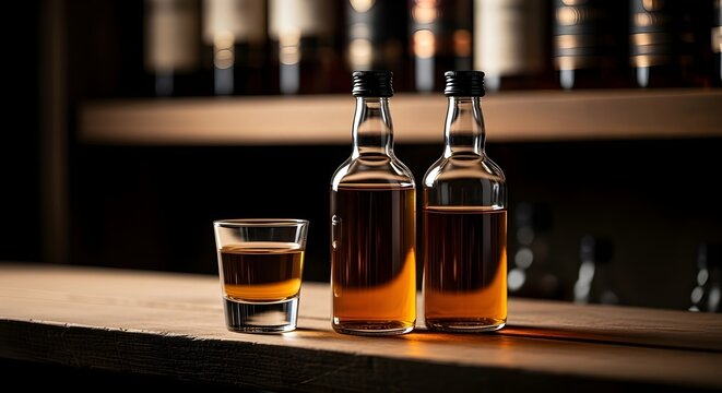 Two bottles and a shot glass of whiskey on a wooden bar counter surface