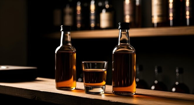 Two bottles and a shot glass of whiskey on a wooden bar counter top