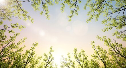 random arrangement of short and long branches with young foliage, leaving wide serene empty space, sunlight softly glowing, pastel gradient sky, natural dreamy bokeh