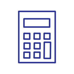 Simple blue outline illustration of a calculator, representing finance and numbers