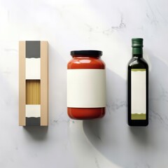 Fototapeta premium Pasta box, sauce jar, and oil bottle with blank labels on a marble countertop. Space for text.