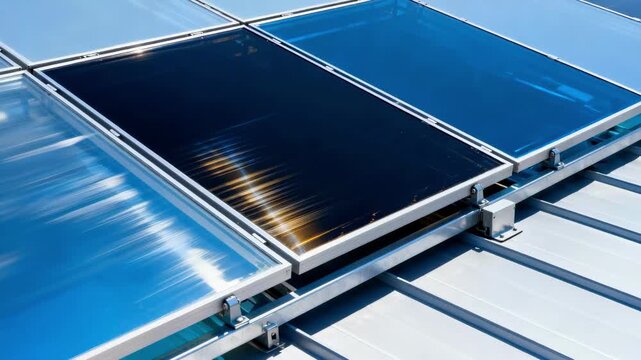 Medium shot showing smartglass technology on solar panels dynamically tinting to regulate temperature and light exposure