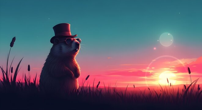 Groundhog wearing a hat and glasses looking at the sunset in a field