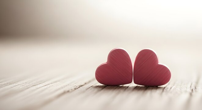 Two red hearts resting on a wooden surface in a soft, warm light