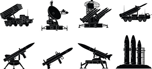 Military missile systems and radar stations silhouette, rocket launch platforms, defense technology equipment set, artillery truck launcher design, cad drawing flat vector illustration
