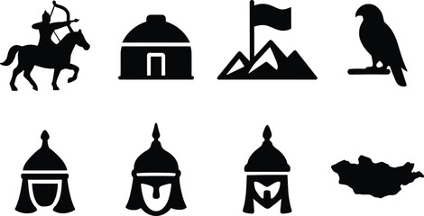 Mongolian Culture Icon Set – Black Silhouettes of Warrior, Yurt, Helmets, Eagle, Flag, and Map for Heritage, History, and Cultural Design Projects