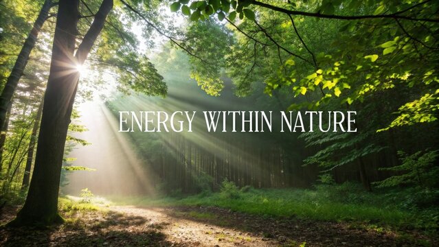 Sunlight streaming through forest leaves with inspiring message