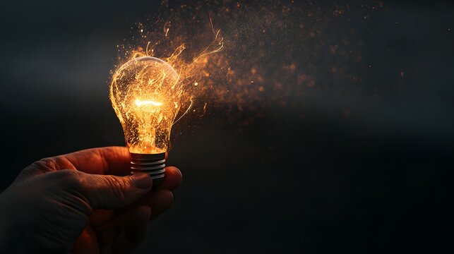 Human hand carefully holding a bright incandescent light bulb emitting energy sparks against a dark background