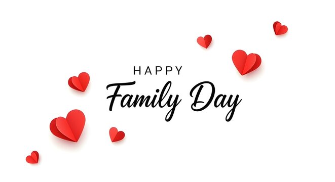 Happy family day greeting card with red hearts isolated on white background