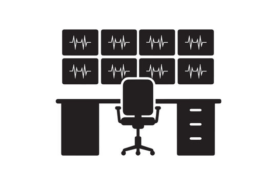Hospital Control Room with Monitors Silhouette Artwork Security Monitoring Station Black and White Design