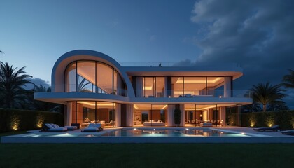 Modern luxury villa with pool at dusk. Contemporary mansion glows with interior lights. Palm trees surround exclusive residence with upscale design.
