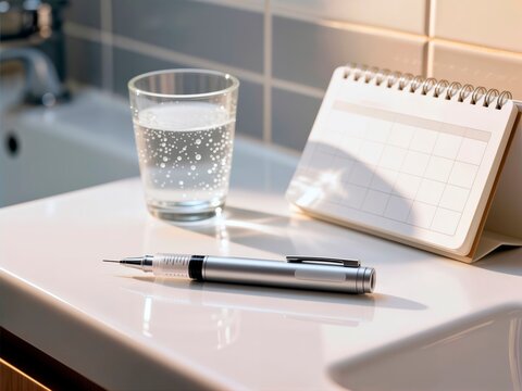 Injector pen and calendar on a bathroom counter for daily routine. Space for text.