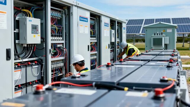 Medium shot of workers maintaining battery storage units within a community microgrid for sustainable power supply.