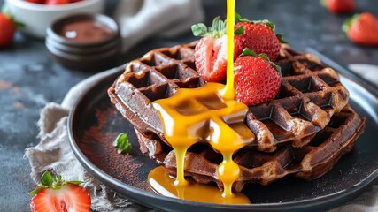 A chocolate waffle with a strawberry on top, served as a birthday celebration dessert. It is covered in chocolate and accompanied by maple syrup. - Powered by Adobe