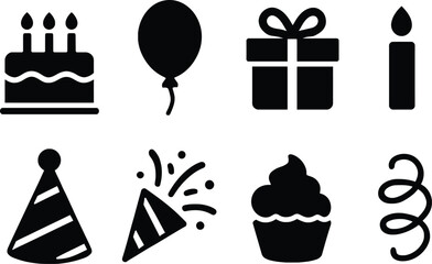 Celebration Icon Set – Black Silhouettes of Cake, Balloon, Gift, Candle, Party Hat, Popper, Cupcake, and Ribbon for Festive, Birthday, and Event Design Projects