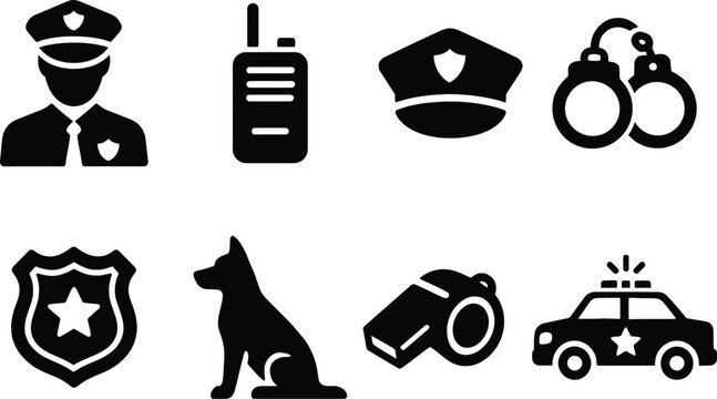 Law Enforcement Icon Set, police icon set, black silhouette police, officer and badge icons, handcuff and whistle, patrol car,security service icons, police dog icons, law and order icon, Law graphics