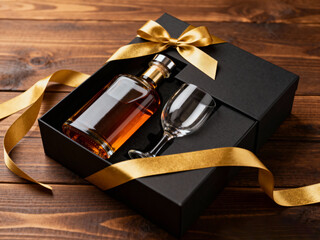 Whiskey bottle and glass in black gift box with golden ribbon on wooden surface, luxurious festive composition