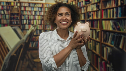 Woman holding piggybank and smiling amid library building shelves; financial savings planning...