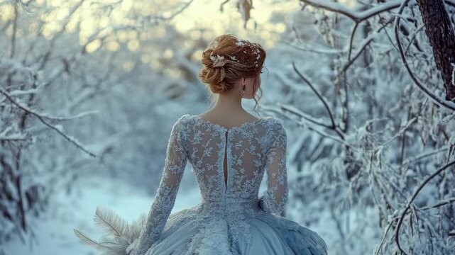 Princess in sparkling gown wandering winter wonderland, snow-capped trees, sleigh bells ringing, romantic and magical holiday scene.