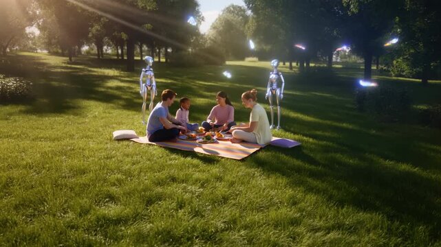 A family gathers on a sunny day in a park for a joyful picnic. Two friendly robots join the fun, assisting with food and offering entertainment, creating a unique experience
