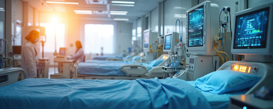 Intensive care unit room with patient beds and medical monitors. Medical staff attend to machines in sterile hospital ward. Futuristic health care provides critical care.