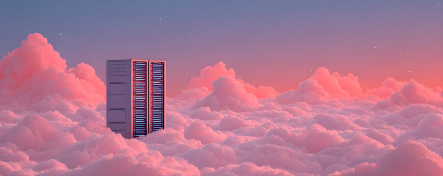 illustration of a data server room above a sea of ​​clouds with an evening sky in the background