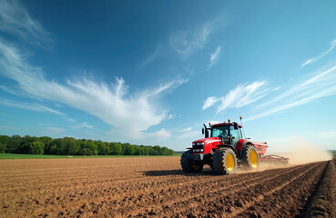 Obraz premium Red tractor tills brown dirt field under a blue sky with wispy clouds. Farmer prepares land for new crops. Rural scene shows agricultural work in progress. Machinery creates dust.
