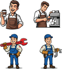 Cartoon barista with coffee cup, barista using espresso machine, plumber with wrench, plumber reading blueprint, professions illustration, repair and cafe service