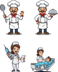 Cartoon chef with spoon, chef holding platter, cartoon nurse with syringe, nurse helping patient, professions illustration, culinary and healthcare service characters